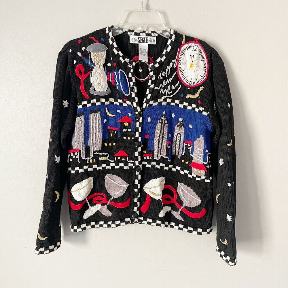 Vintage Size S Black New Years Jacket Happy New Year Art to Wear Sweater